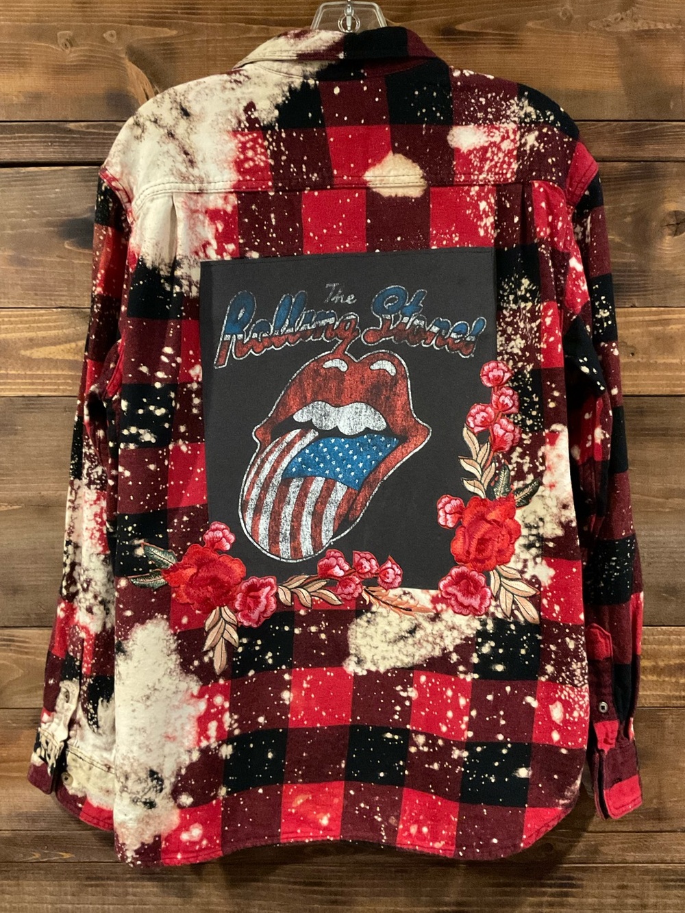 Vintage Rolling Stones Bleached Distressed Red/Blk Flannel Shirt XLarge w/Roses
